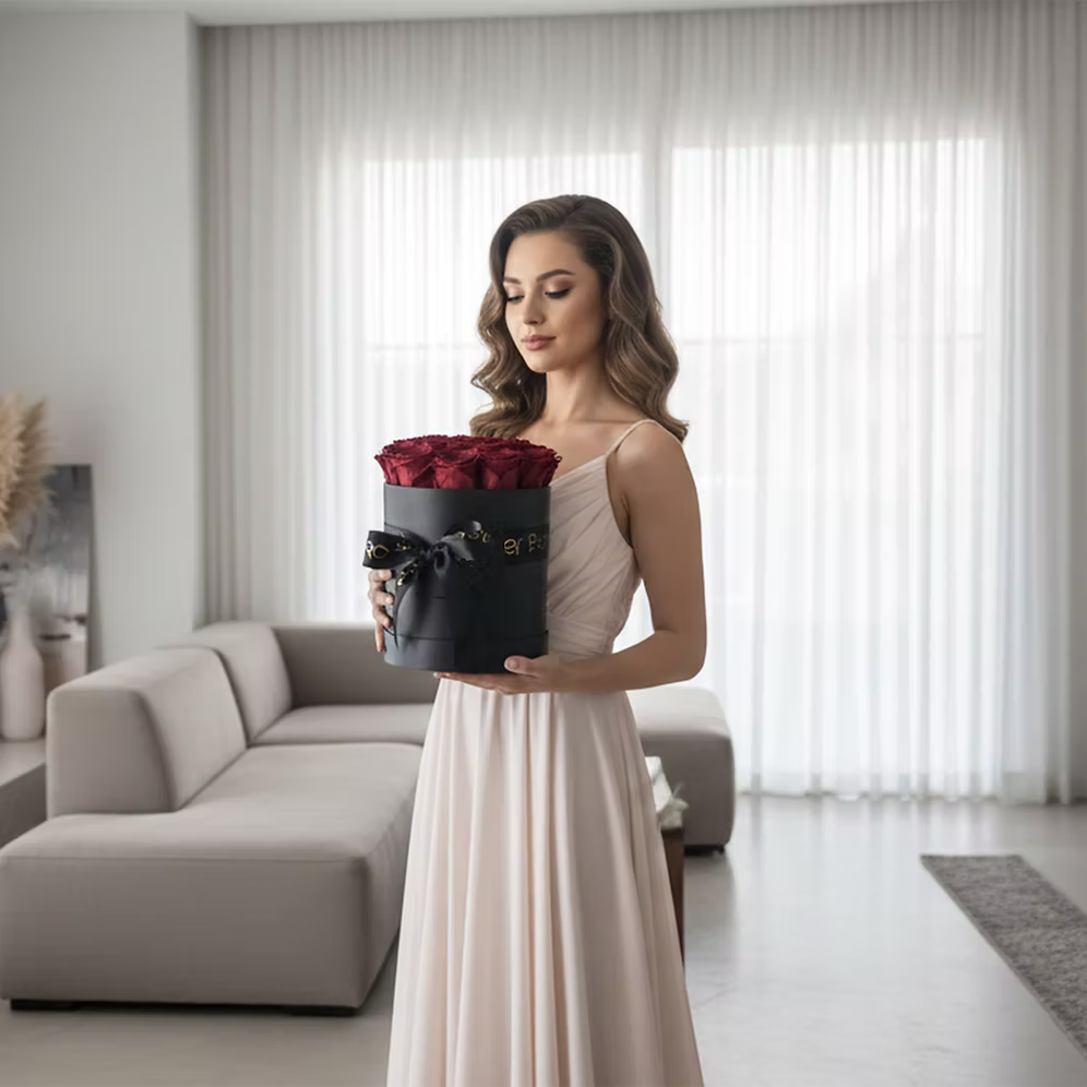 ורדי נצח אדומים בקופסא שחורה אלגנטית