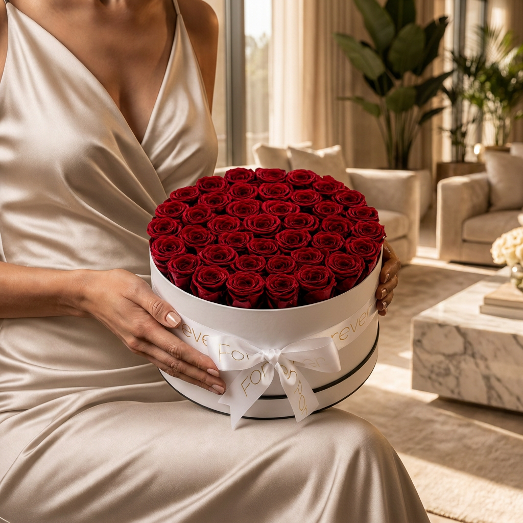 20 Deep Wine-Red Eternal Roses in a Luxury White Box