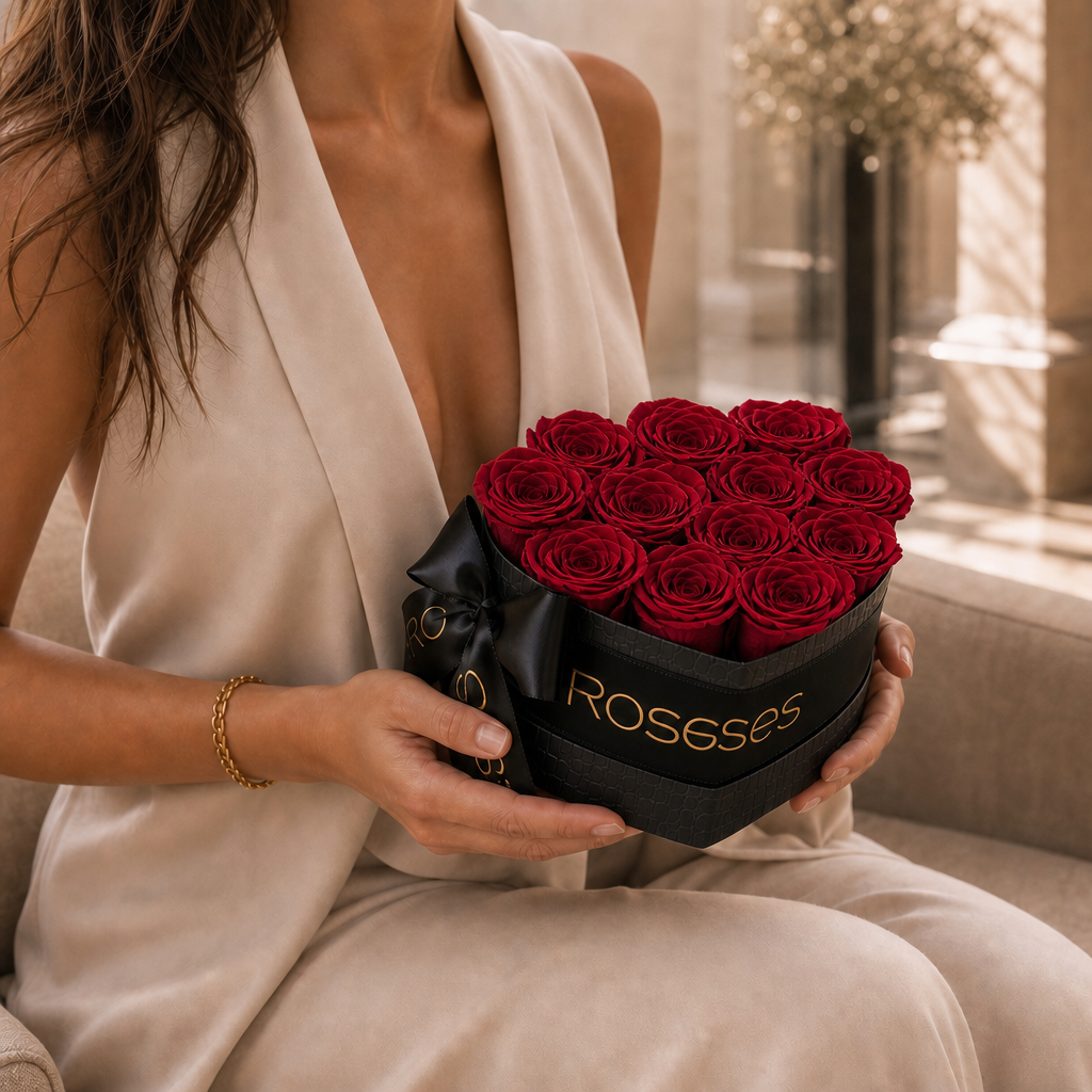 Black Heart Box with 19 Red Eternal Roses