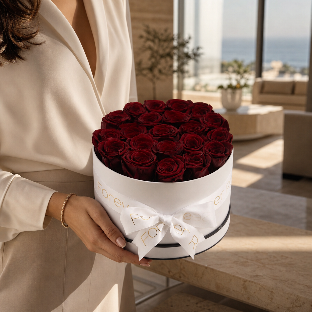 20 Deep Wine-Red Eternal Roses in a Luxury White Box