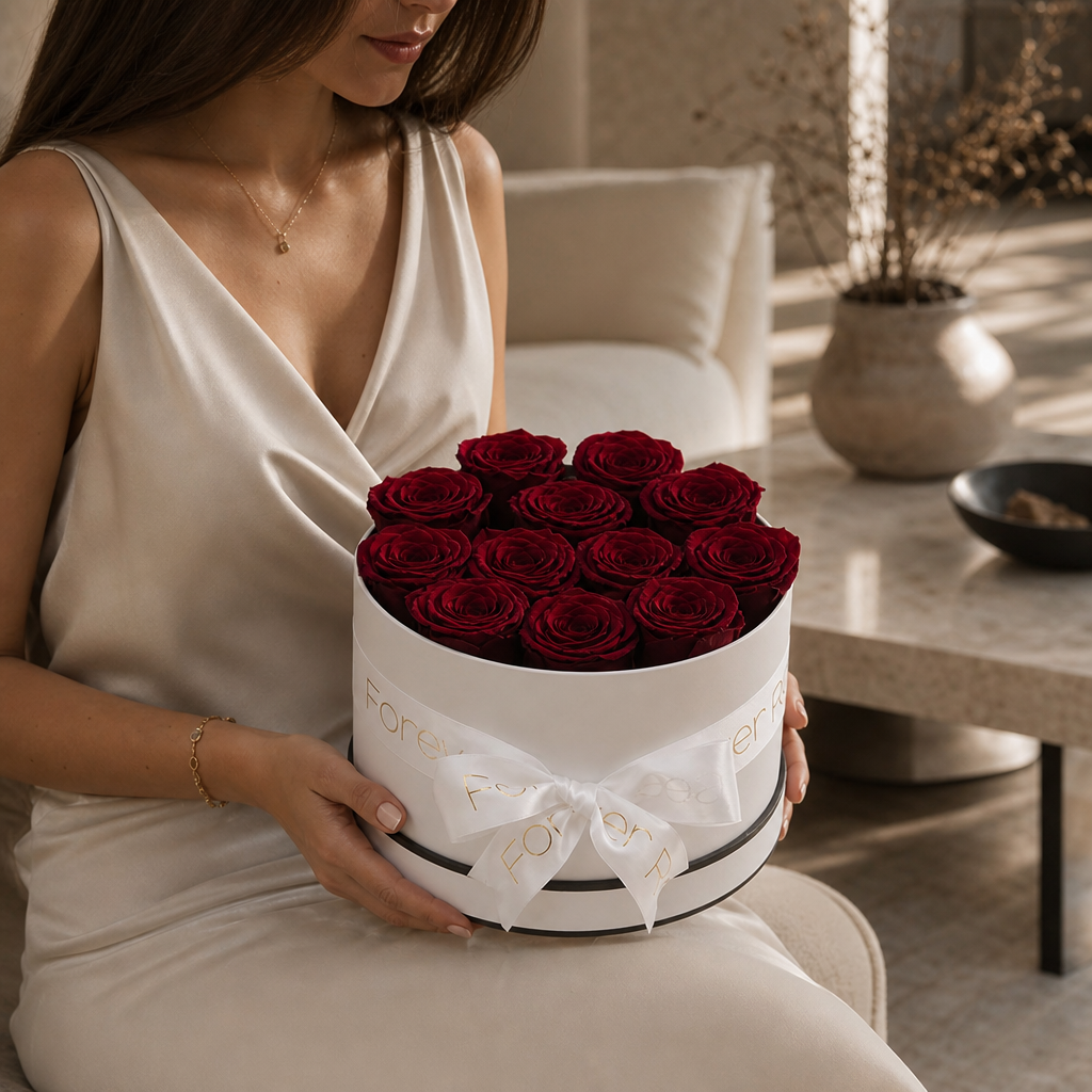 13 Wine-Red Eternal Roses in a White Vase