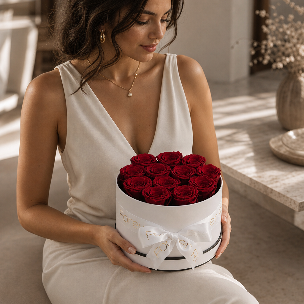 13 Wine-Red Eternal Roses in a White Vase