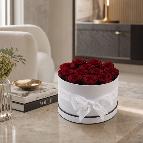 13 Wine-Red Eternal Roses in a White Vase